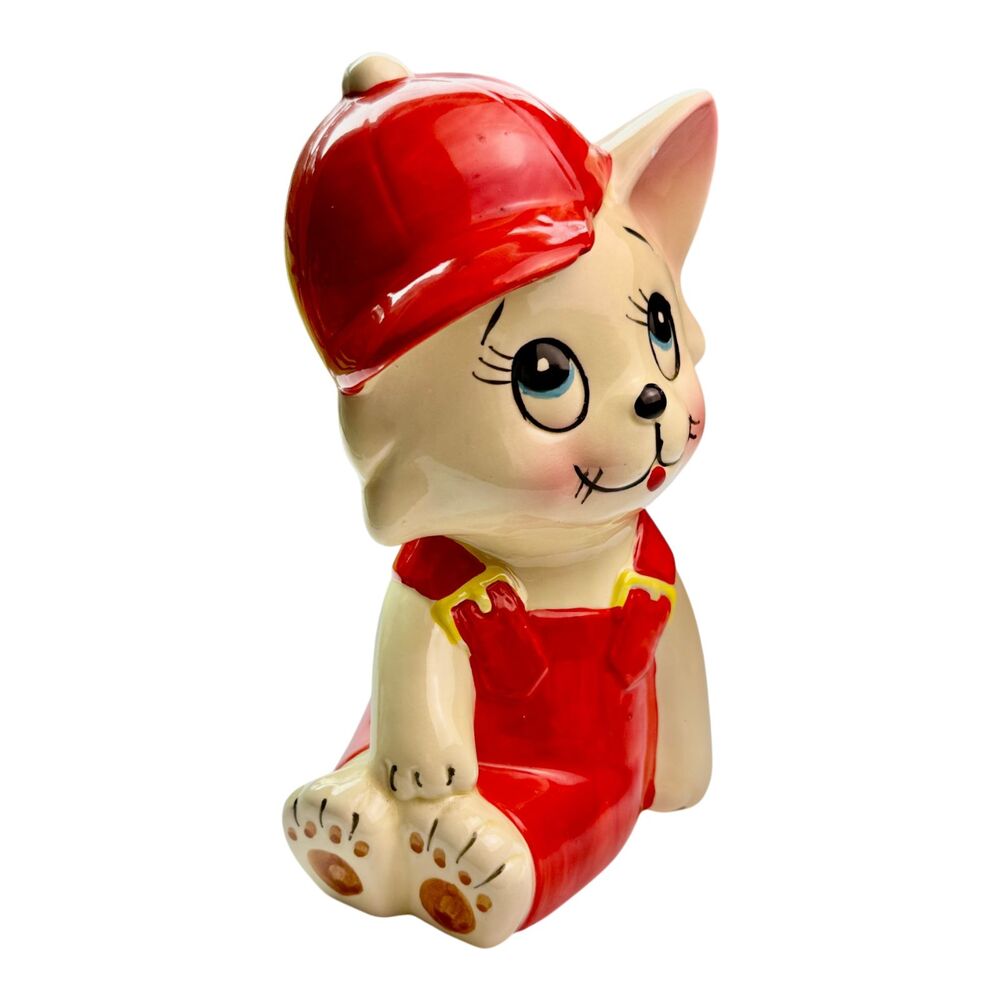 Cat Kitty Japan Coin Piggy Bank Vintage Ceramic Baseball Cap and Overalls 8in - Picture 4 of 11
